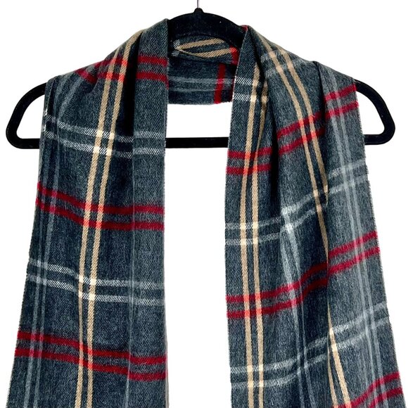 Cejon Plaid Fringe Scarf Charcoal Red Beige 100% Acrylic Italy Unisex NWT's - Picture 6 of 7